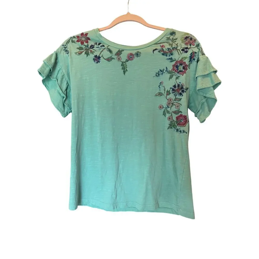 Sundance Embroidered Floral Top Womens Small Mint Green Ruffle Sleeve Boho